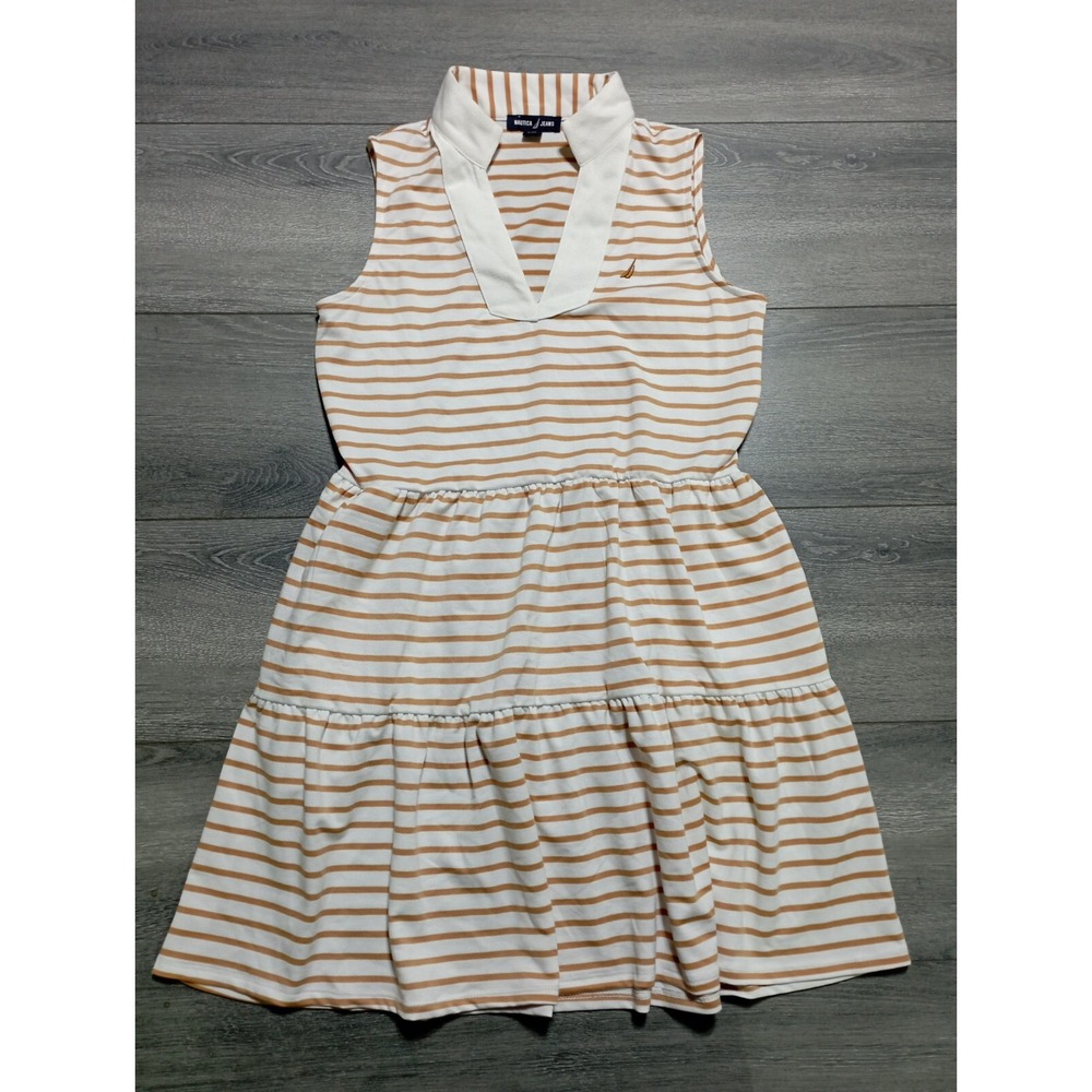 Nautica Polo Collar Dress Womens Small Striped V-Neck Sleeveless Summer Tan